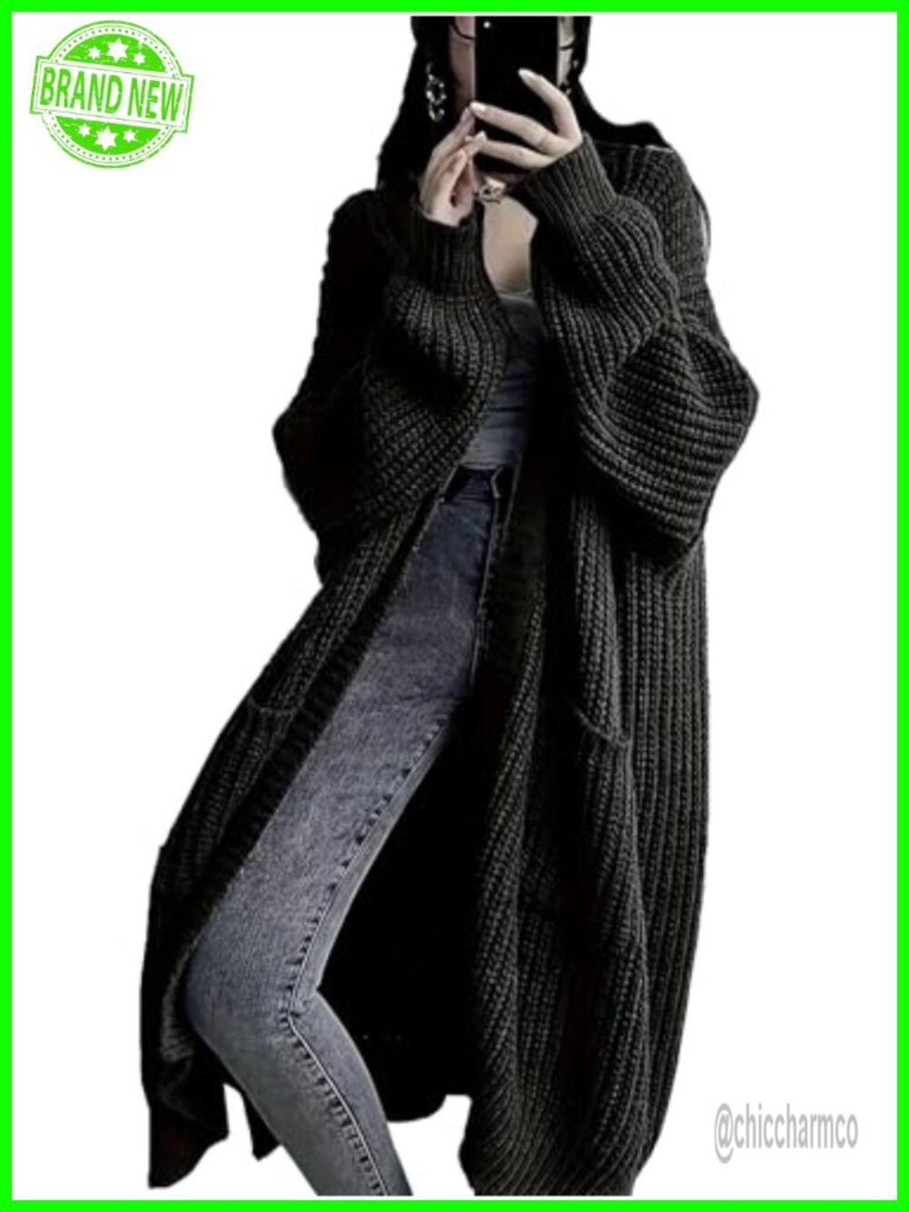 Plus Size Oversized Chunky Knit Open Front Long Cardigan Sweater with Pockets